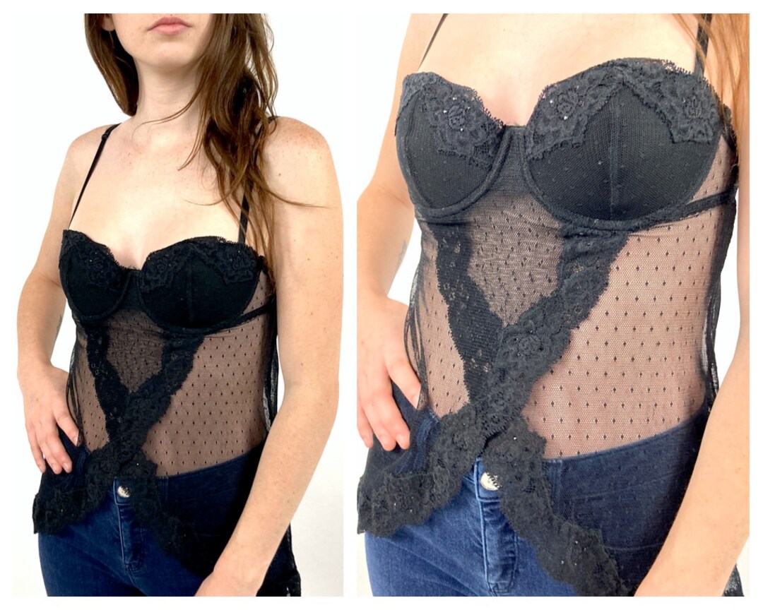Y2K Black Lace Corset Victorias Secret Sheer Bustier VS Corset Deep V
