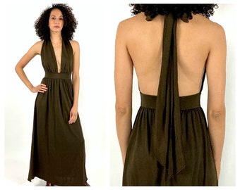 70s Brown Plunging Grecian Goddess Halter Dress Draped Ethereal Shoulder Streamer Gown Open Back Maxi Party Boho Hippie Vintage Dress XS S