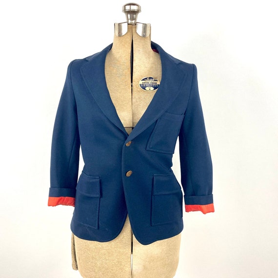 70s Navy Red Lining Blazer Pockets Metal Buttons … - image 3