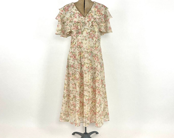 70s Lanz Cream Cottagecore Dress Empire Ethereal Ruffle Dress Angelic Art Deco Maxi Dress Vintage Tea Party Boho Sundress XS S M
