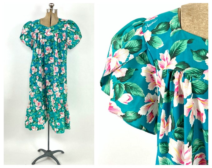 80s Green Hawaiian Ruffle Maxi Dress Pink Floral Mod Dress Flutter Sleeve Vintage Party Sundress Hawaii Dress S M