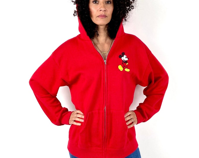 80s Mickey Mouse Toe Tapping Red Hoodie Retro Oversized Cozy Walt Disney Novelty Print Cotton Party Dress Sweatshirt Pockets Vintage
