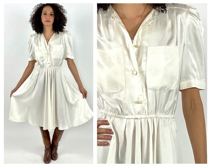 80s White Day Dress Cream Semi Sheer Button Bodice Pocket Dress Party Shirtdress Leslie Faye Vintage Dress S M