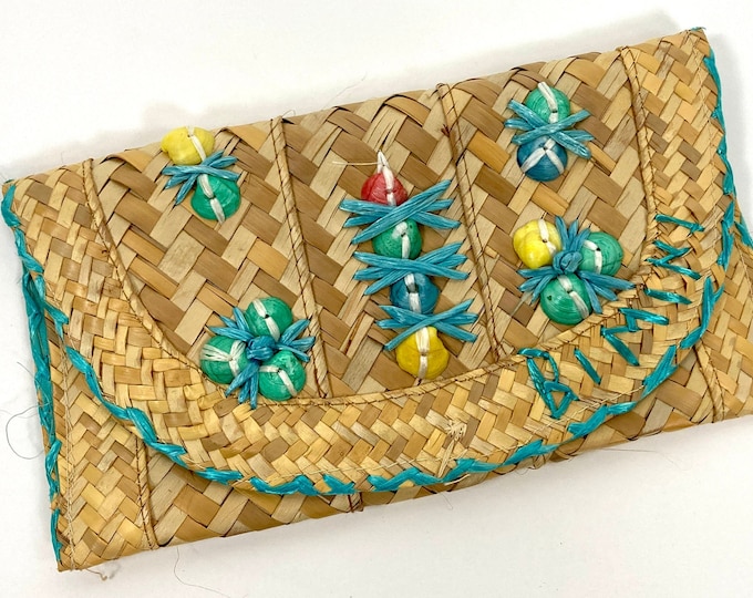 60s Woven Straw Clutch Tropical Vacation Natural Raffia Blue Shell Floral Bag Bimini Boho Hippie Purse