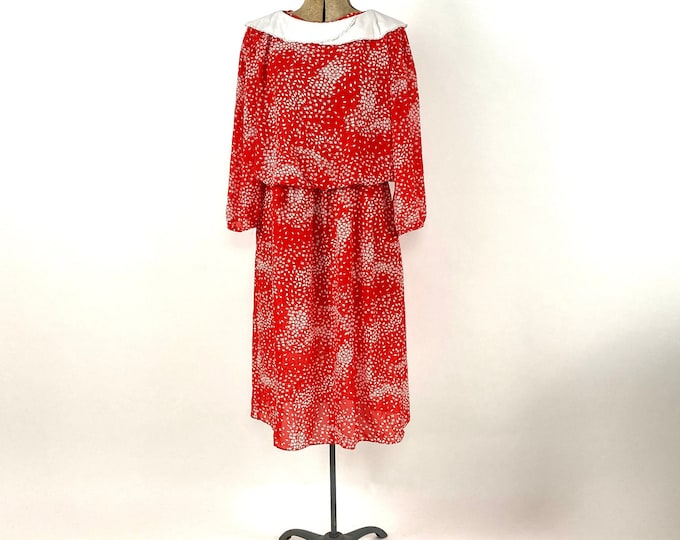80s Red Floral Sheer Blouson Dress White Secretary Ditsy Starburst Elastic Waist Midi Day Dress Party Vintage Dress M L