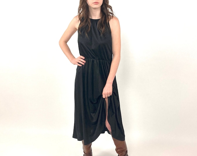 70s Lanz Black Deep V Midi Dress Plunging Open Back Elastic Waist Party Dress Vintage Sundress Xs S