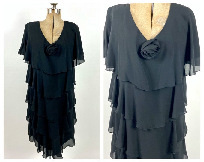 70s Black V Neck Sheer Dress Tiered Goddess Flutter Sleeve Ethereal Dress Vintage Flapper Ruffle S M