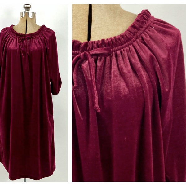 80s Burgundy Velvet Kaftan House Dress Red Robe Dressing Gown Velour Boho Hippie Party Nightgown Mumu Vintage Housecoat Sun Dress S M L