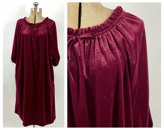 80s Burgundy Velvet Kaftan House Dress Red Robe Dressing Gown Velour Boho Hippie Party Nightgown Mumu Vintage Housecoat Sun Dress S M L