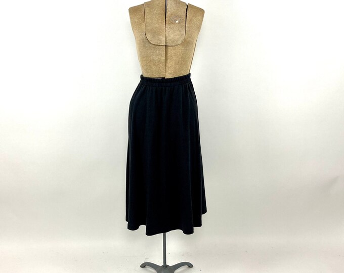 90s Black Cotton Knit Full Skirt Elastic Waist Vintage Dress Midi Skirt