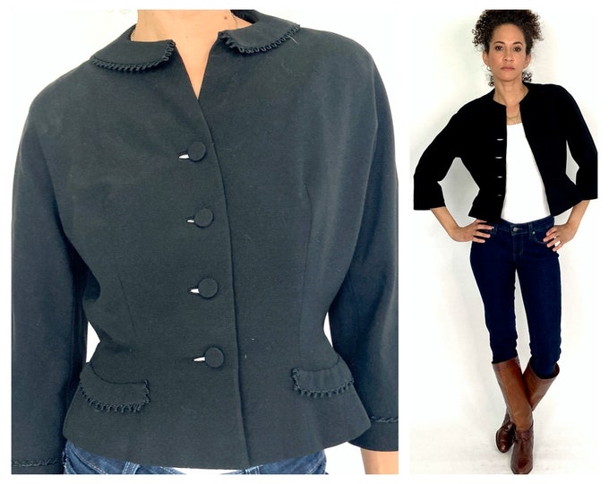 40s Black Cropped Blazer Peplum Jacket Avant Garde Structured Peter Pan Collar Top Blazer Vintage XS