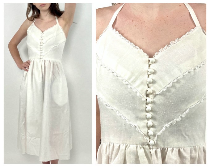 70s White Lanz Sweetheart Dress Corset Full Skirt Midi SATC Sundress Chevron Lace Dress Open Back Halter Party Vintage Sun Dress Xs S