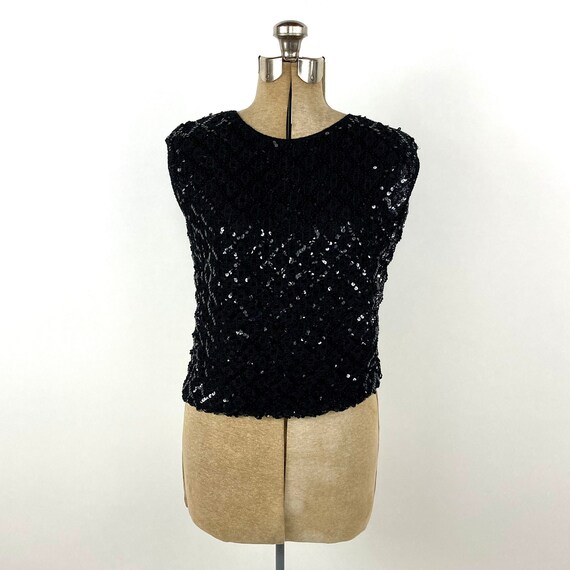 60s Black Knit Sequin Sleeveless Blouse Keyhole V… - image 4