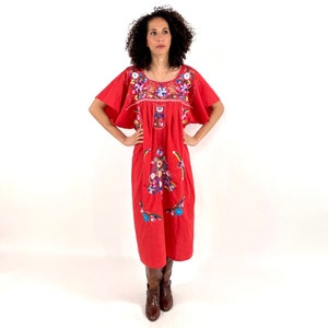 70s Red Oaxacan Embroidered Maxi Dress Mexican Wedding Boho Hippie Party Vintage White Floral Sundress Sun Dress S M L