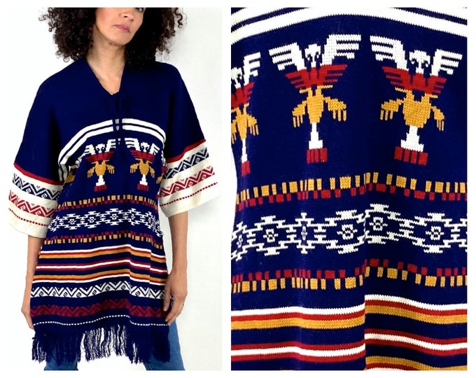 70s Navy Aztek Fringe Poncho White Southwestern Striped Cape Blanket Poncho Boho Tribal Vintage Knit Shawl Sweater Jacket Xs S M