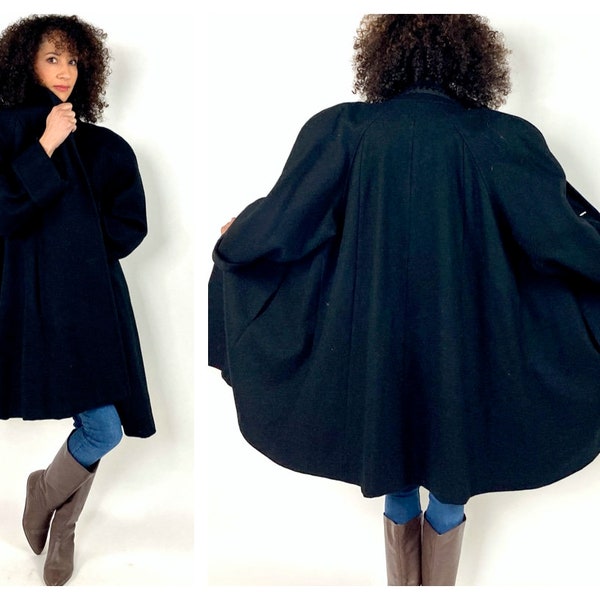 60s Black Wool Military Swing Jacket Vintage Boxy Minimalist Classic Cape Dress Coat M/L