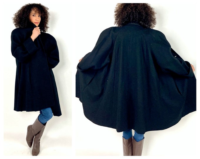 60s Black Wool Military Swing Jacket Vintage Boxy Minimalist Classic Cape Dress Coat M/L