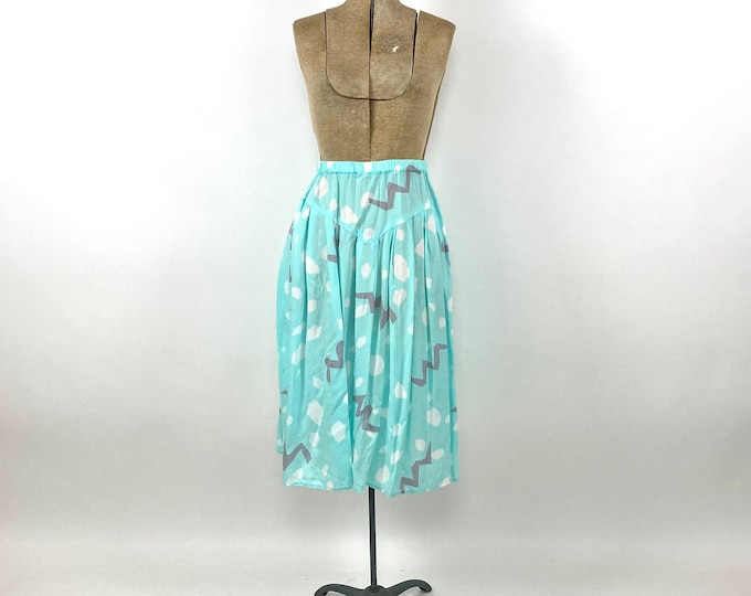 80s Teal Green Abstract Midi Skirt Aqua Lightning + Clouds Print Blue Vintage Dress Skirt