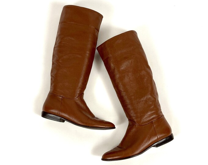 80s Brown Tall Leather Boots Flat Riding Vintage Cowboy Boho Pirate Slouch Hippie Boots 6 / 6.5