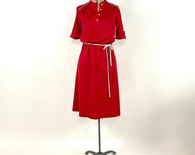 70s Red Shirtdress White Piping Day Dress Minimalist Button Bodice Dress Boho Party Vintage Dress S M