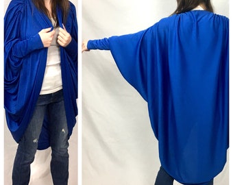 80s Metallic Royal Blue Cocoon Cape Batwing Jacket Draped Cape Cobalt Party Dress Top Xs S M