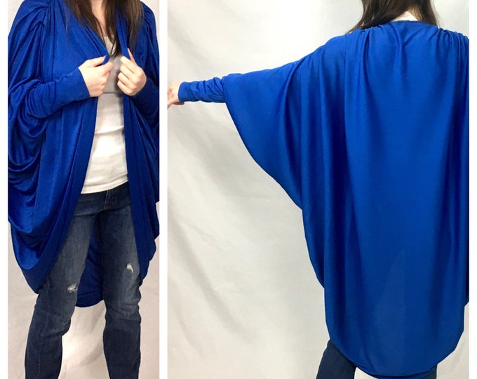 80s Metallic Royal Blue Cocoon Cape Batwing Jacket Draped Cape Cobalt Party Dress Top Xs S M