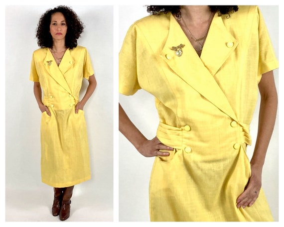 80s Yellow V Neck Dress Big Collar Belted Pocket Midi Dress Sheath 