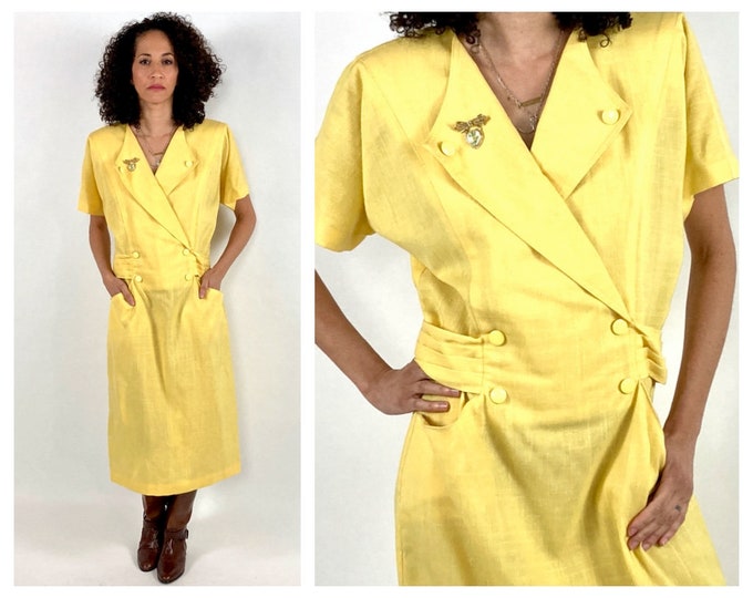 80s Yellow V Neck Dress Big Collar Belted Pocket Midi Dress Sheath Vintage Day Dress S M