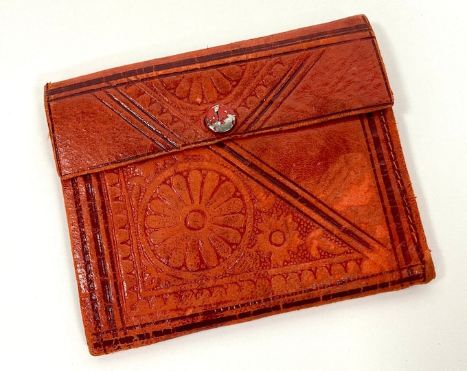 70s Rust Red Snap Leather Wallet Brown Tooled Floral Bag Distressed Flap Coin Purse Clutch Bag