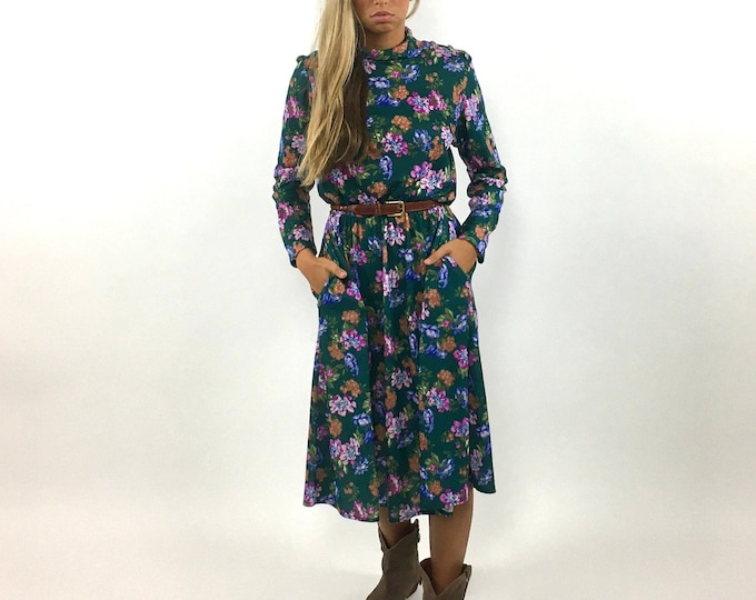 80s Green Floral Long Sleeve Dress Purple Full Skirt Midi Pockets Cotton Dress Party Vintage Xs S