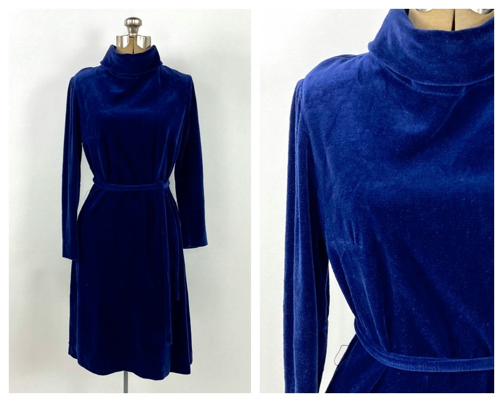 70s Blue Velvet Dress Long Sleeve Midi Dress Minimalist Turtleneck Carol Reed Ski Vintage Dress Xs S