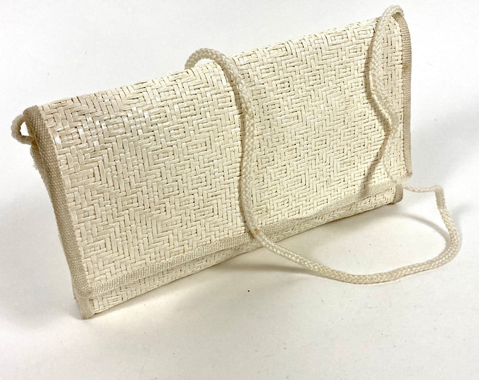 70s Woven Straw Clutch White Shoulder Bag Boho Hippie Vacation Crossbody Vintage Purse