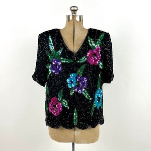 80s Black Floral Sequin Top V Neck Beaded Silk Blouse Bright Glam Disco Flapper Vintage Dress Top S M
