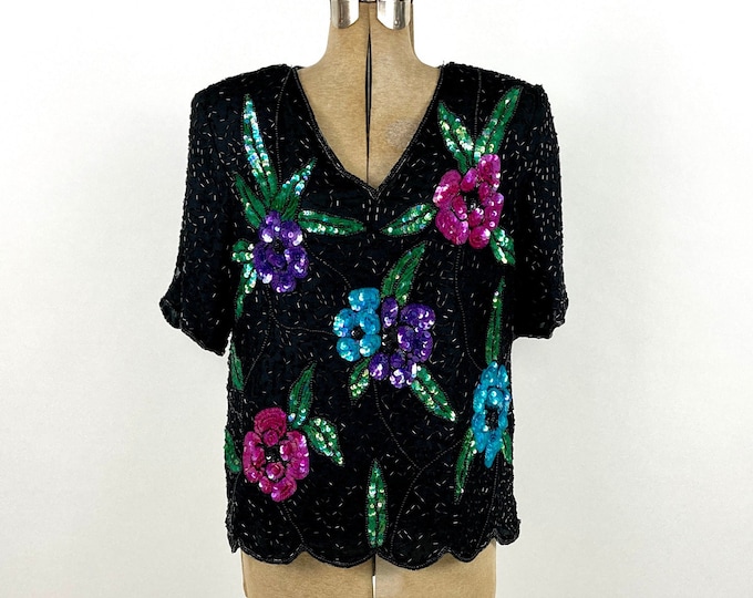 80s Black Floral Sequin Top V Neck Beaded Silk Blouse Bright Glam Disco Flapper Vintage Dress Top S M