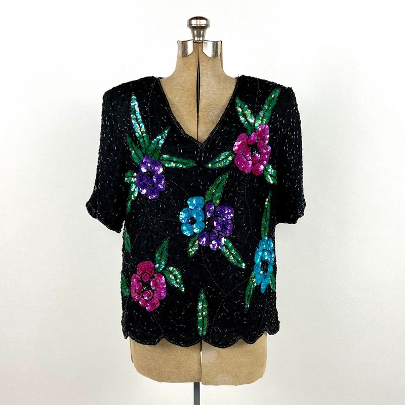 3D Floral Sequin Top and Trousers in Burgundy Purple