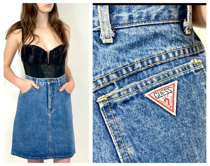 80s 90s Guess High Waist Denim Blue Jean Mini Skirt Rocker Georges Marciano Vintage Dress Xs S