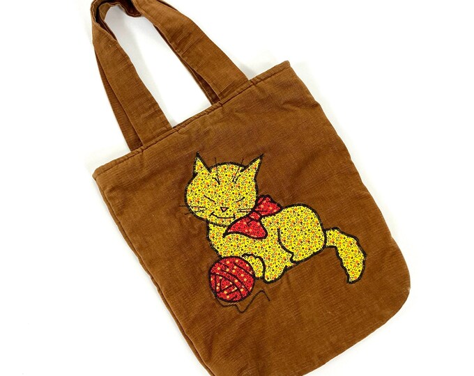 70s Brown Corduroy Kitten Applique Bag Striped Cat Tote Yellow Shoulder Bag Boho Hippie Purse