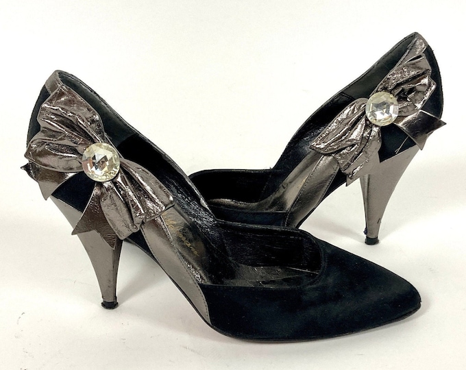 80s Black Satin Pumps Silver Leather Bow Jewel High Heels Vintage Color Block Two Tone Pumps Heels 6 M