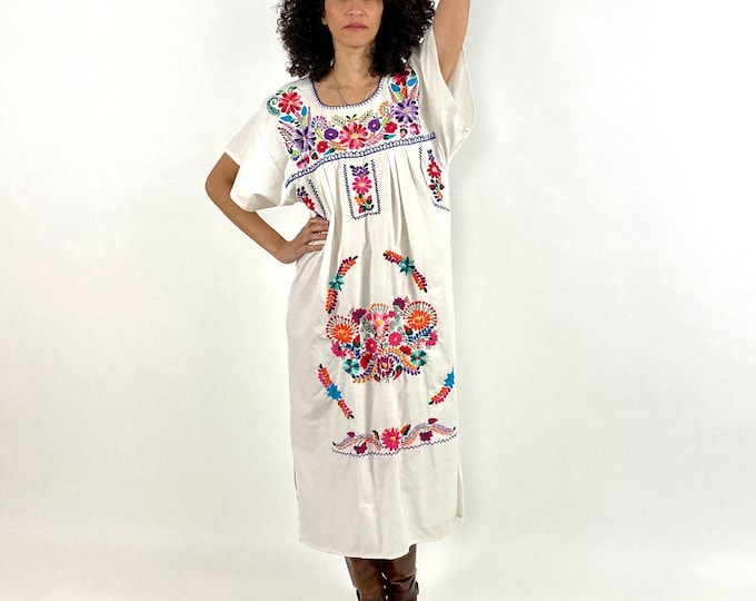 70s White Oaxacan Embroidered Maxi Dress Mexican Wedding Boho Hippie Party Vintage Red Floral Sundress Sun Dress S M