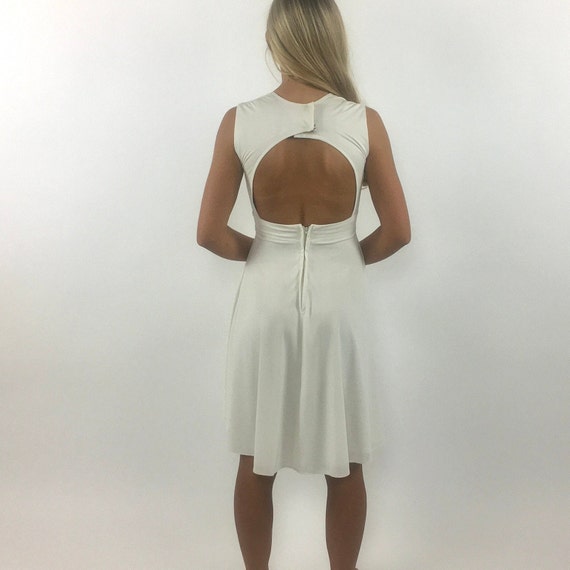 70s White Cut Out Open Back Mini Dress Deep V Emp… - image 3
