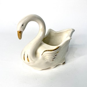 Vintage 1950s White Swan Ceramic Planter Royal Copley Lusterware Bird MCM Trinket Dish Hand Painted with Gold Animal