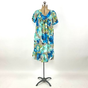 80s Blue Green Grecian Mini House Dress V Neck Floral Animal Leopard Print Tent Dress Boho Hippie Ruffle Party Vintage Sundress Sun Dress S