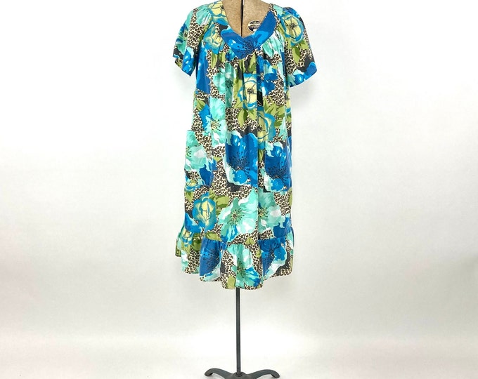 80s Blue Green Grecian Mini House Dress V Neck Floral Animal Leopard Print Tent Dress Boho Hippie Ruffle Party Vintage Sundress Sun Dress S