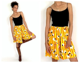 60s Yellow Lanz Sundress Daisy Floral Print Striped Hippie Boho Jumpsuit Plunging Open Back Dress Romper Black Party Vintage Sun Dress XS S