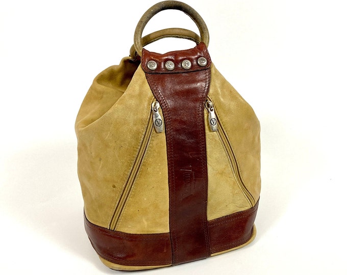 90s Camel Valentina Leather Bag Distressed Brown Bucket Top Handle Crossbody Bag Boho Leather Purse Hobo Vintage Handbag