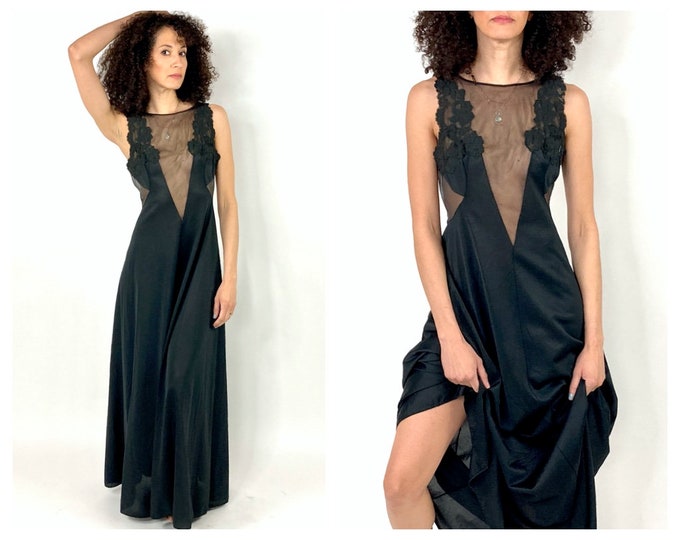 70s Black Plunging V Sleeveless Slip Maxi Dress Mesh Dress Sheer Nightgown Party Vintage Dress XS S