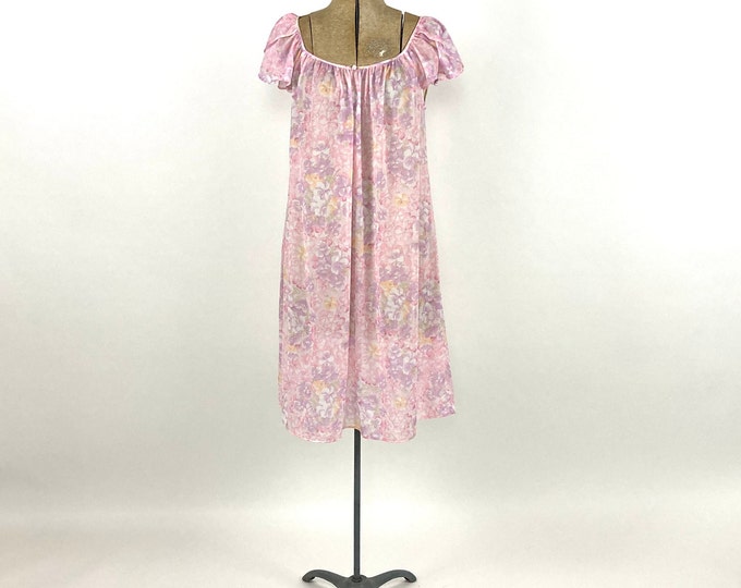 60s Pink Babydoll Sheer Mini Slip Dress Watercolor Floral Grecian Goddess Gown Dress Nightgown Party Vintage Sundress Sun Dress S M