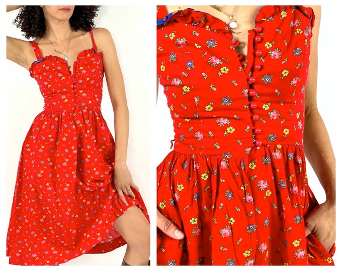 70s Red Lanz Sundress Ditsy Floral Print Hippie Boho Dress Corset Button Bodice Dress Ruffle Sweetheart Party Vintage Sun Dress XXS