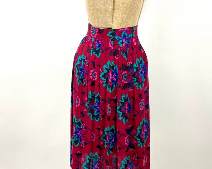 80s Red Floral Southwest Midi Skirt Pleated Pocket Vintage Dress Skirt