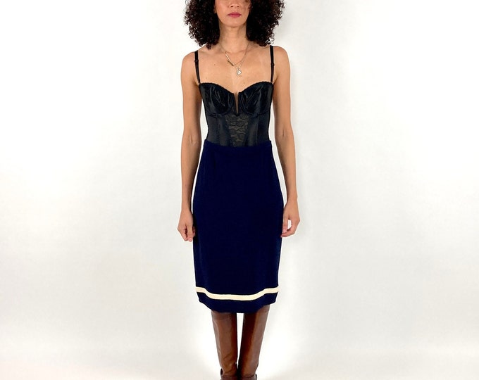 Y2K Navy Blue St John Knit Skirt Cream Striped Designer Vintage Dress Pencil Midi Skirt M L